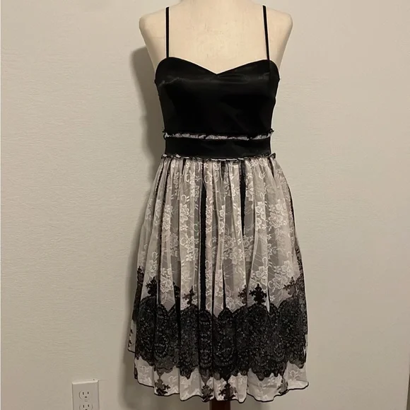 dillards ladies black dresses Ivory and Black Lace Spaghetti Strap V-neck A-line Short Prom Dress, P –  AlineBridal main image 1
